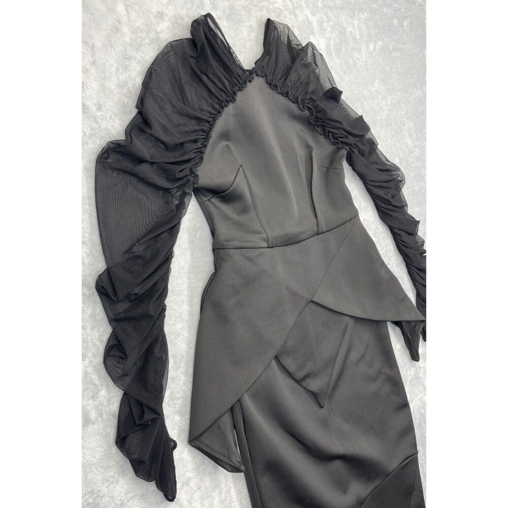 Black SMALL Ruched Sleeve Cocktail Dress high mock neck - Picture 3 of 9